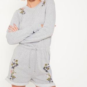 Grey Floral Embroidered Long Sleeve Romper